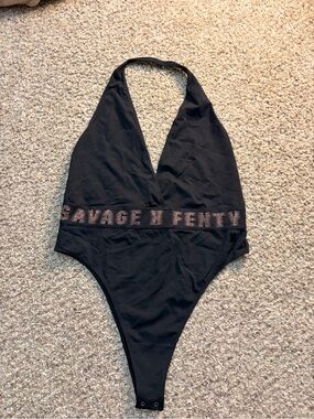 Savage X Fenty Black Halter Bodysuit with Logo Band